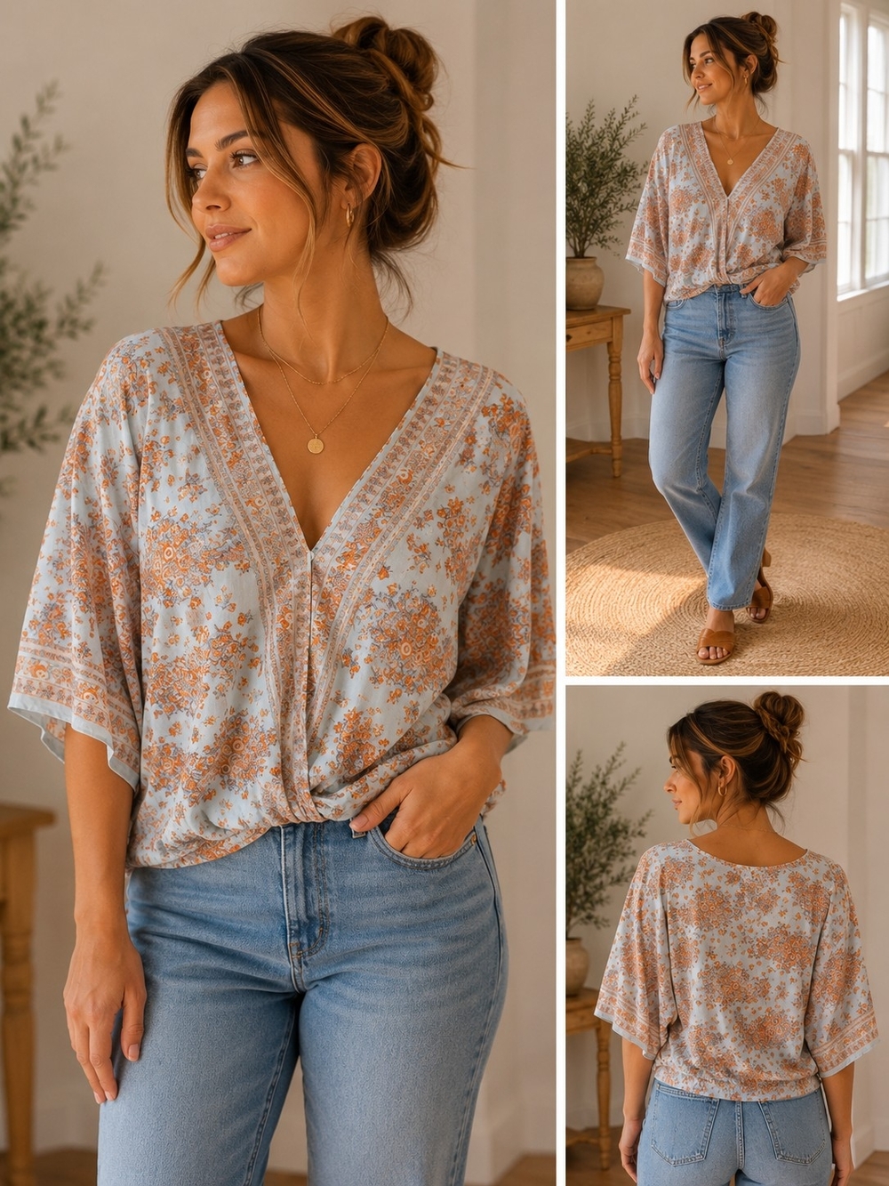 V-Neck Twist-Front Floral Blouse in Light Blue and Tan